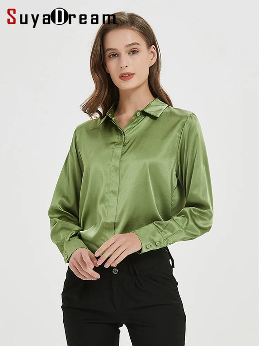 SuyaDream Frau Solide Shirts 93% Echte Seide 7% Spandex Lange Ärmel Chic Blusen2022 Frühling Herbst Büro Dame Top