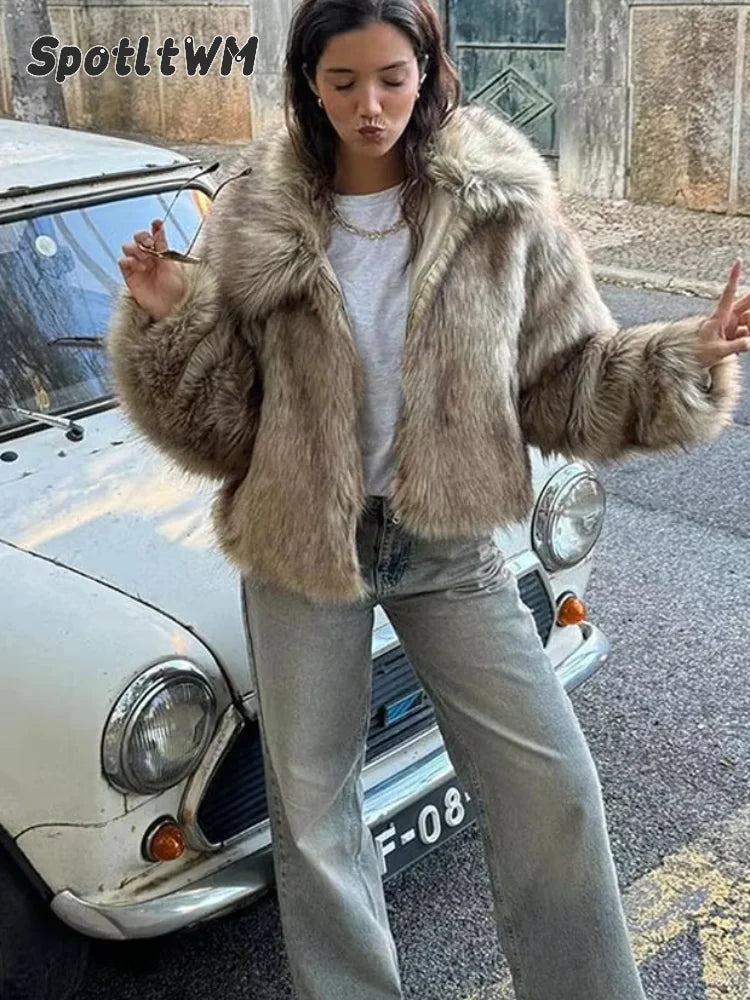 2024 Winter Neue Flauschigen Pelzmantel Frauen Casual Revers Langarm Faux Fur Cropped Jacke Weibliche Weiche Dicke Warme Kurze oberbekleidung