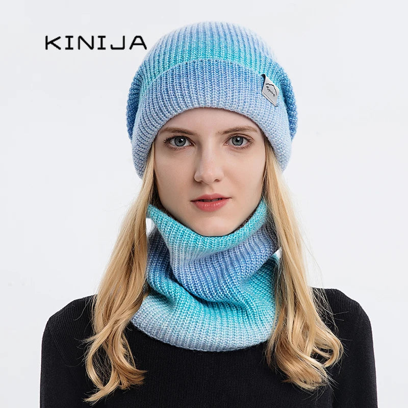 2021 neue Frauen Winter Hut Gradienten Gestreiften Ski Hut Hals Wärmer Weibliche Tie Dye Beanie russland außen verdicken plüsch Hut + schal Set