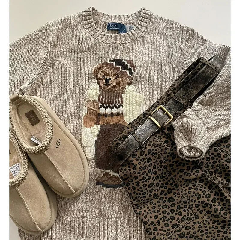 Rhudson Classic Loose-fit Polo Bear Knitted Top Women's Sweater Elegant Versatile Tweed Style Crew Neck Pullover