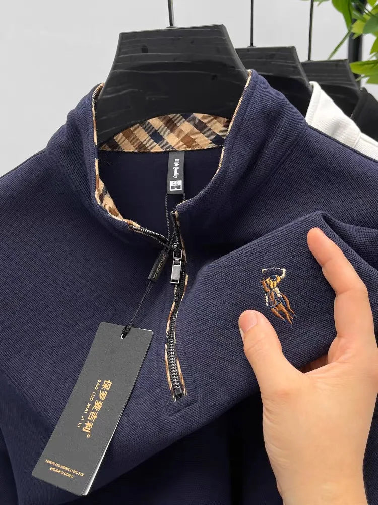 100% cotton men's long sleeved polo shirt 2024 autumn high-end luxury brand fashion half zipper lapel Paul embroidery T-shirt