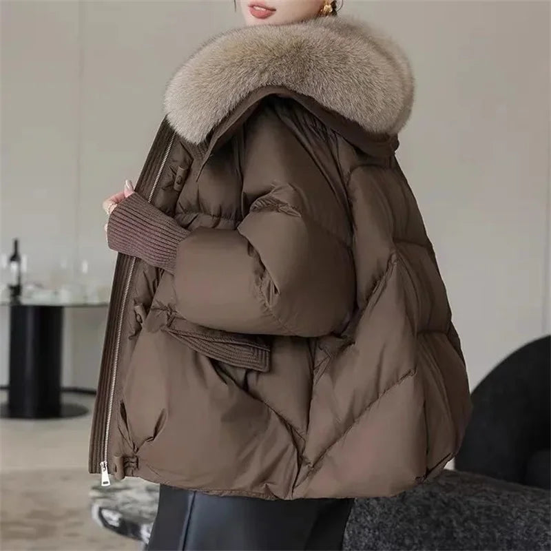 2024 Winter frauen Warme Mantel Neue Verdicken Pelz kragen Jacke Kurze Unten baumwolle Lose Outwear Feste Beiläufige Weibliche Parkas mäntel