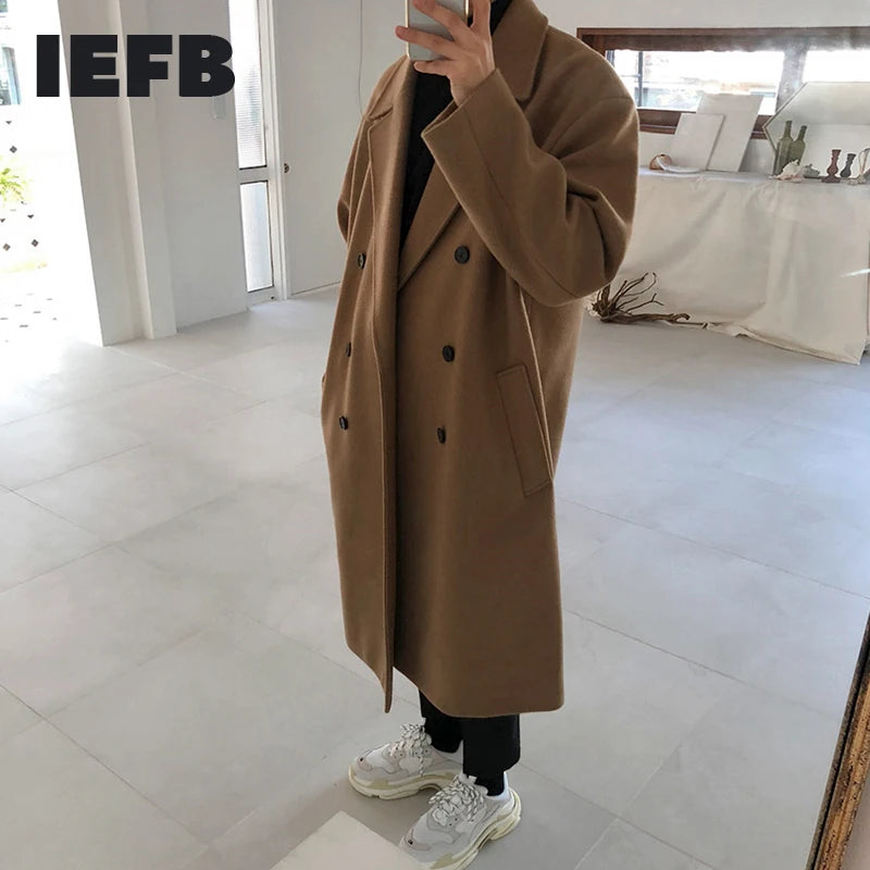 IEFB Herbst Winter Mittellanger Mantel Verdickt Modischer Wollmantel Koreanische Lose Beiläufige Zweireiher Kleidung 9Y4774