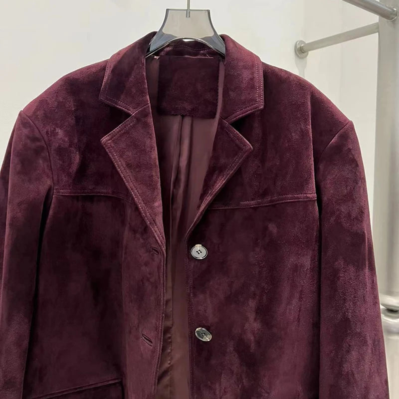 Französische High-End-Lederjacke im Western-Stil für Damen 2024 Neue Farbe Lila Rot Übergroßer lässiger Anzug aus Wildleder für Kinder Blazer Oberbekleidung