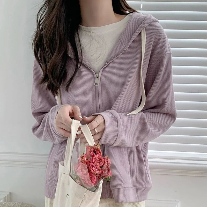 Y2k Purple Sweet Hooded Coats Korean Zipper Loose Long Sleeve Female Casual Jacket Autumn New Preppy Style Pockets Ladies Tops