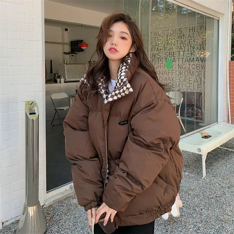 Thickened bread clothes women's checkerboard collar jacket women's winter new loose BF cotton-padded jacket tide