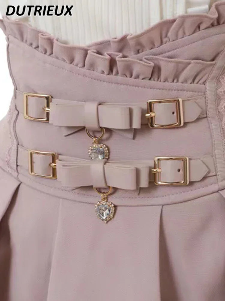 Japanese Mine Double Bow Braid Buckle Leather Ring High Waist Mini Skirt Shorts Women 2023 Autumn Sweet Pink Lace Pleated Skirt