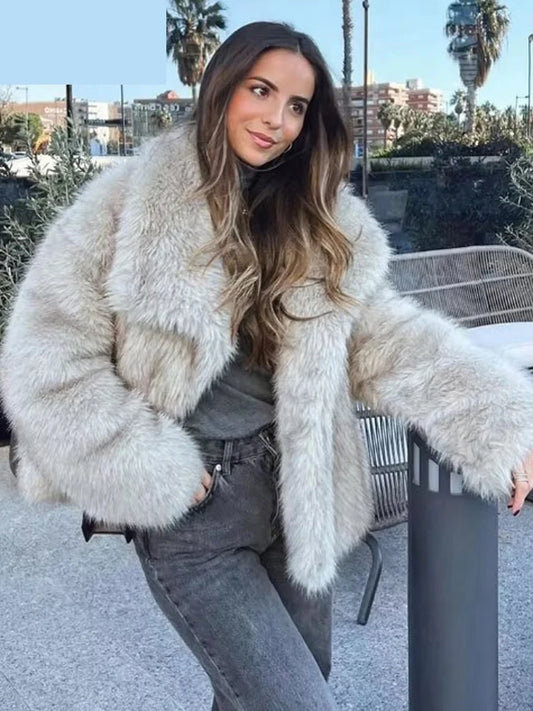 Frauen Mode Faux Pelz Solide Revers Warme Jacken Chic Langarm Crop Übergroßen Warme Mantel 2024 Neue Winter Dame Dicke oberbekleidung