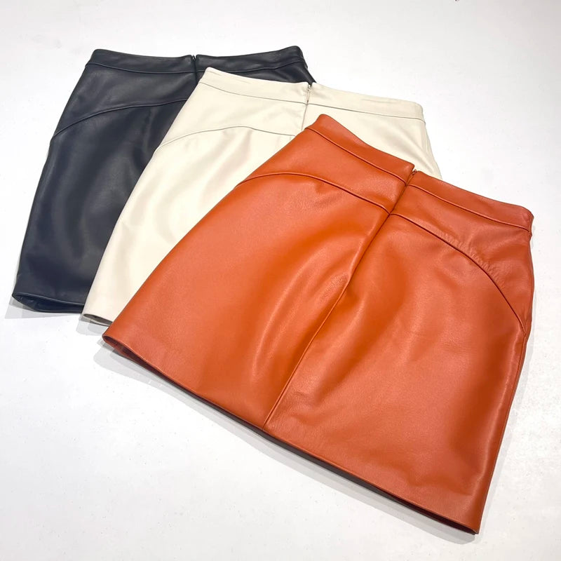 Catwalk Show Genuine Leather Sexy Mini Skirt Women 2022 Spring Fashion High Waist Retro A-line Skirt Europe and America White/Bl