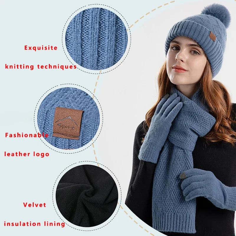 3-teiliges Wintermützen-Set mit Schal, Touchscreen-Handschuhen für Damen, warmes Strickmützen-Set mit Fleecefutter, Lederetikett, Pelzknäuelkappe