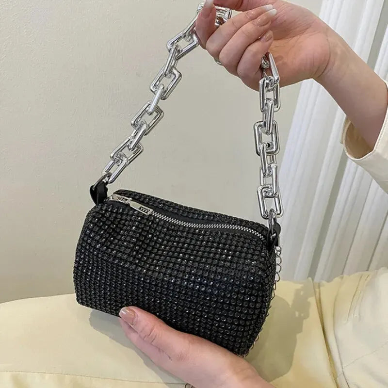 Beuteltasche mit Strasssteinen, Abschlussball-Geldbörse mit Glitzerkette, Mini-Umhängetasche für Damen (6,3 x 3,54 Zoll)