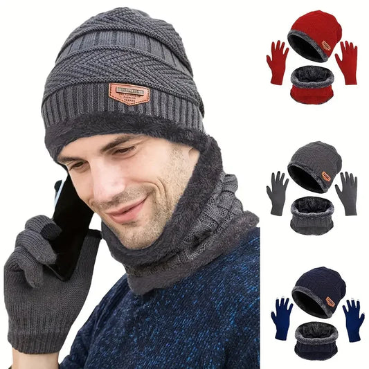 1 Set: Warme und weiche Winter-Strickmütze mit Fleece-Futter, Schals und Touchscreen-Handschuhe, 3-teiliges Set, perfekter Ohren- und Nackenwärmer