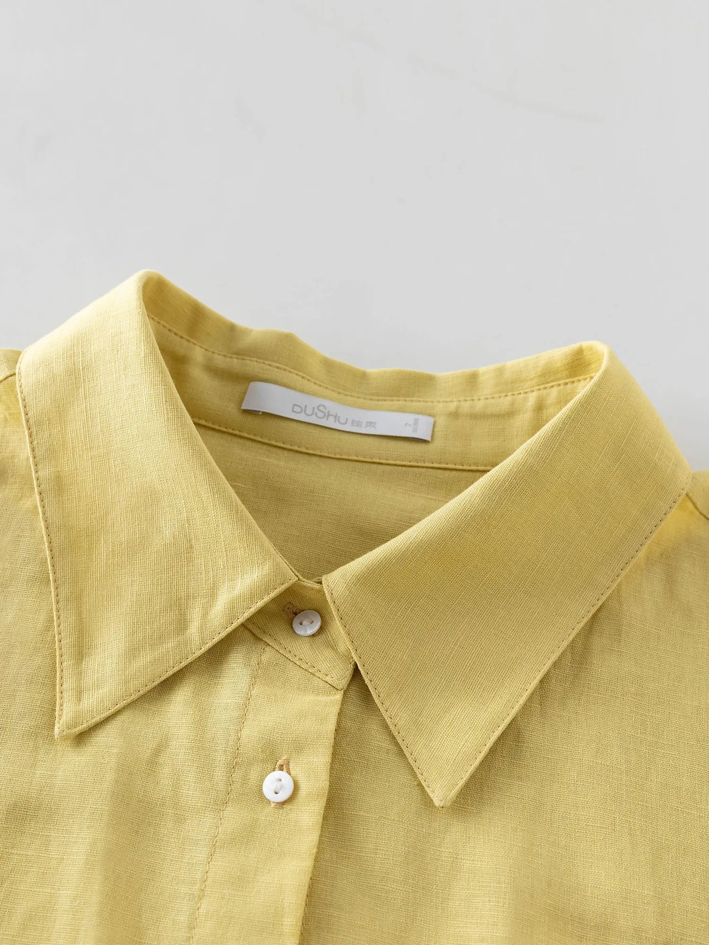 DUSHU Women Long Sleeve Shirts Cotton Linen Polo Neck Drop Sleeve Straight Yellow Blouses 2024 Autumn New Shirt Tops 24DS83148